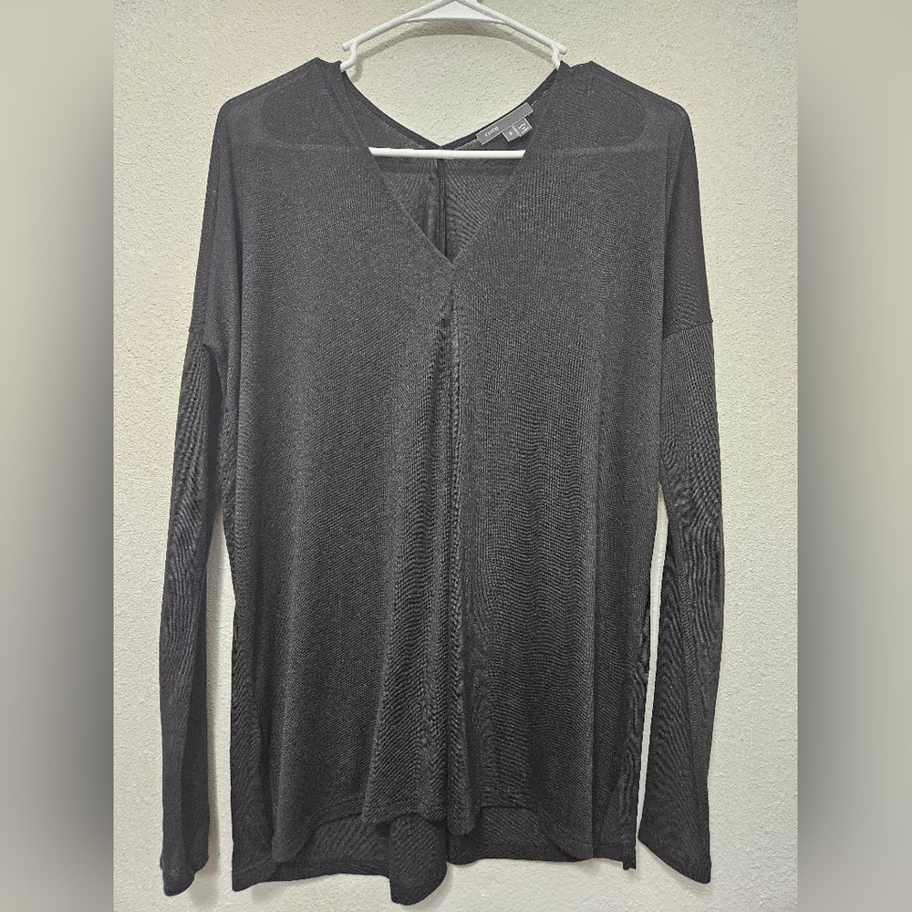 Vince small black long sleeve double v neck sheer blouse shirt office elegant